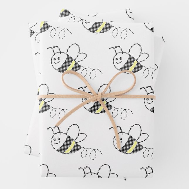 Cross Stitch Pattern Print Cute Bee  Wrapping Paper Sheet (In situ)