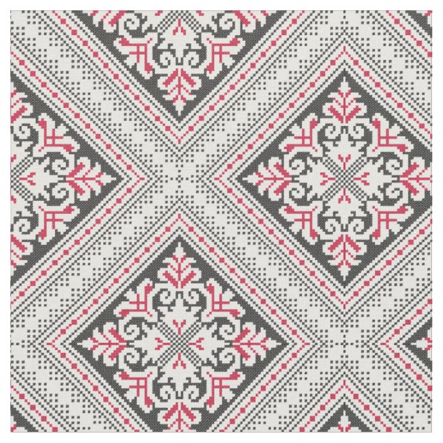 Cross-stitch pattern. Red and black ethnic decor Fabric (Close Up)
