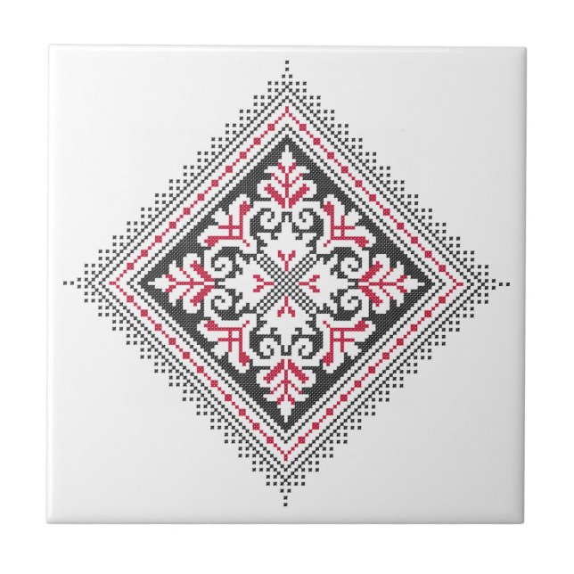 Cross-stitch pattern. Red and black ethnic decor Tile (Front)