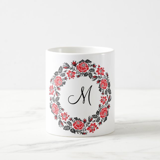 Cross-stitch Red Roses Circle Monogram Initial Coffee Mug (Center)