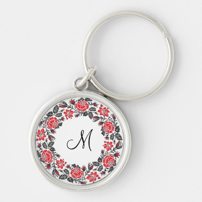 Cross-stitch Red Roses Circle Monogram Initial Key Ring (Front)