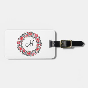 Cross-stitch Red Roses Circle Monogram Initial Luggage Tag