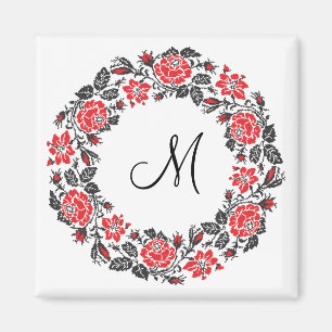 Cross-stitch Red Roses Circle Monogram Initial Magnet