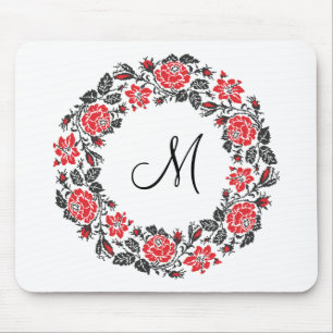 Cross-stitch Red Roses Circle Monogram Initial Mouse Mat