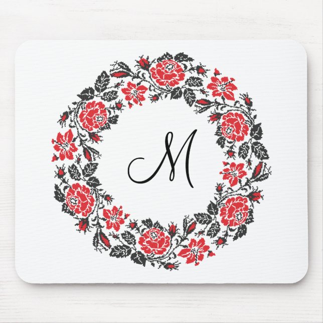 Cross-stitch Red Roses Circle Monogram Initial Mouse Mat (Front)