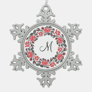 Cross-stitch Red Roses Circle Monogram Initial Snowflake Pewter Christmas Ornament