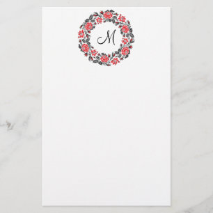 Cross-stitch Red Roses Circle Monogram Initial Stationery