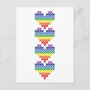 Cross stitched rainbow hearts postcard