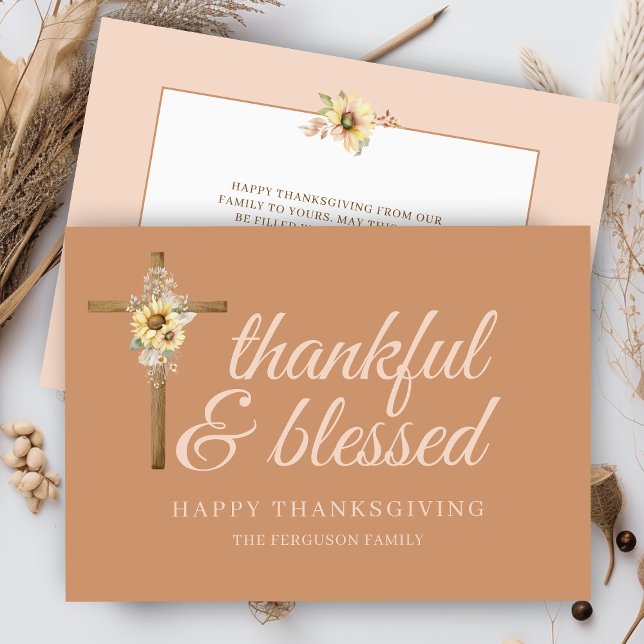 Cross Sunflowers Thankful Blessed Thanksgiving Holiday Card (elegant earthy religious cross sunflowers floral thankful and blessed happy thanksgiving cards)
