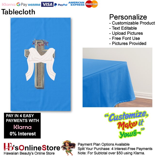 Cross Tablecloth Linen with Blue Background (Cross Tablecloth Linen with Blue Background.)