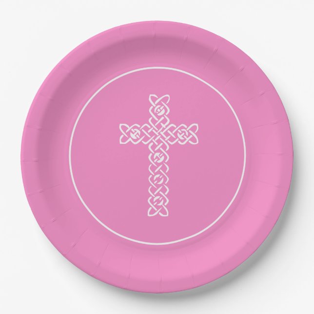Cross | Taffy Pink Communion Baptism Christening Paper Plate (Front)