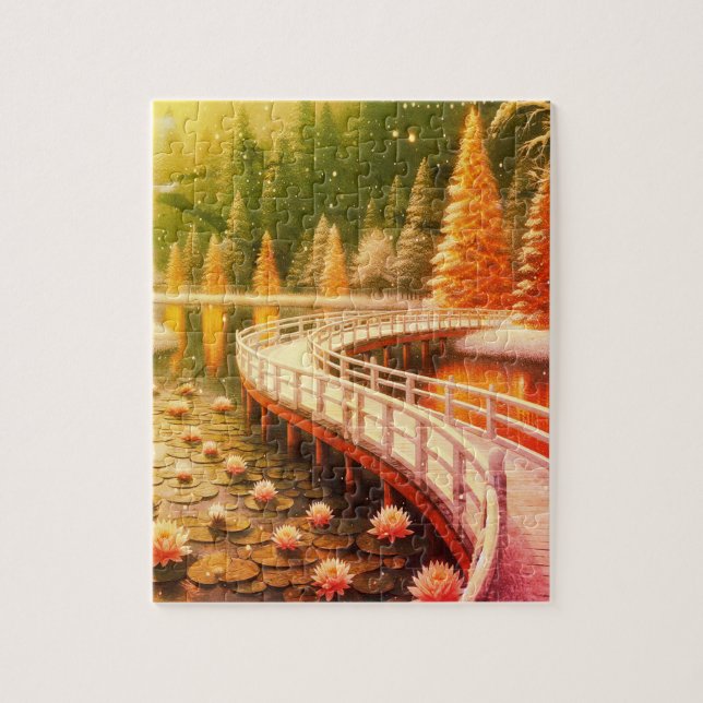 Cross the Bridge Over the Flowery Lilly Pad Pond Jigsaw Puzzle (Vertical)