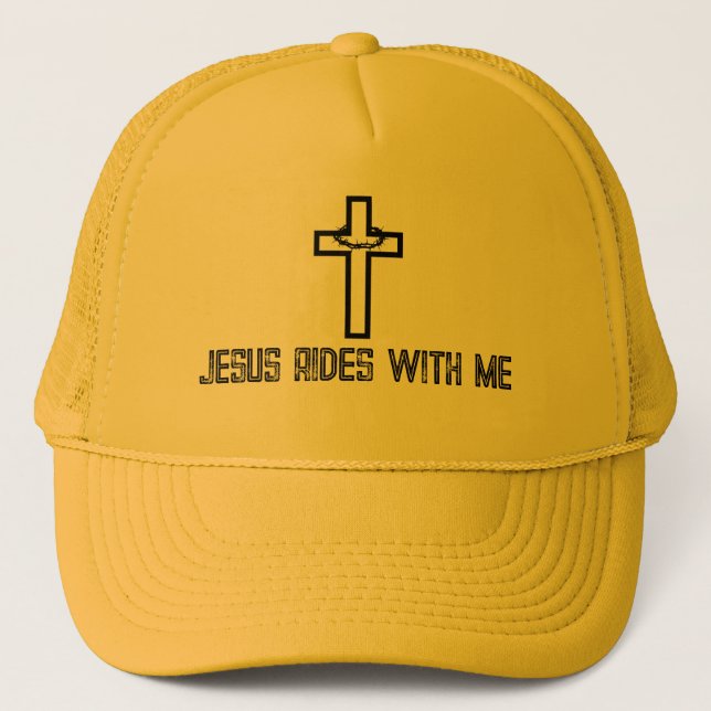 Cross Thorns Jesus Rides with Me Trucker Hat (Front)