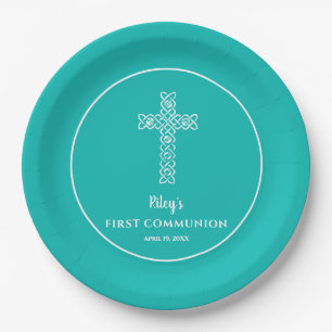 Cross Turquoise Blue Communion Baptism Christening Paper Plate