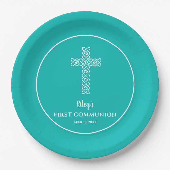 Cross Turquoise Blue Communion Baptism Christening Paper Plate (Front)