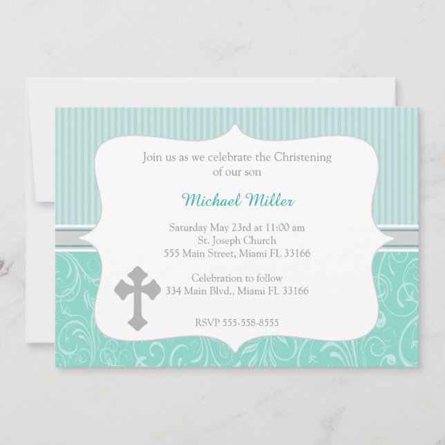 Cross Turquoise Christening Invitation (Front)