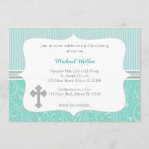 Cross Turquoise Christening Invitation