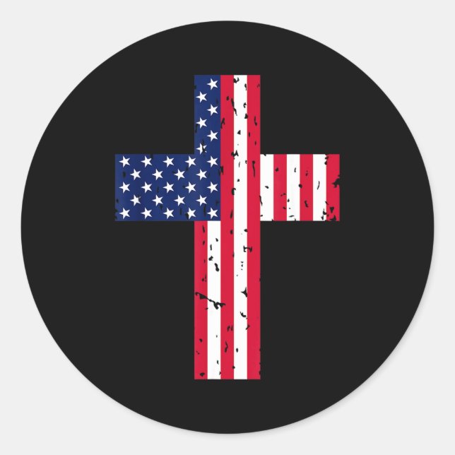 Cross Usa Flag Christian Religious Us America Fait Classic Round Sticker (Front)