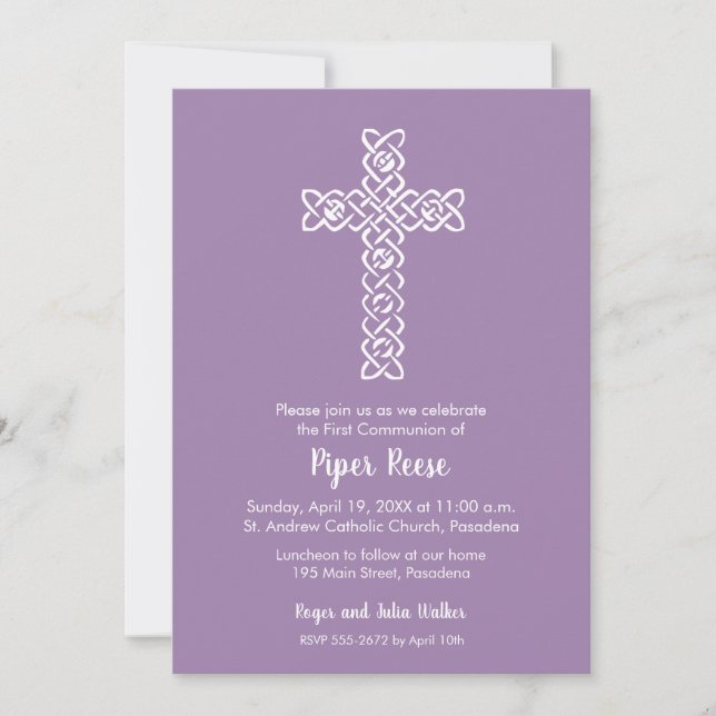 Cross Vintage Lavender Baptism Christening Invites (Front)
