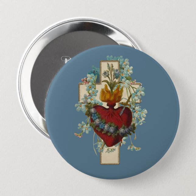 Cross Virgin Mary Immaculate Heart Religious Class 10 Cm Round Badge (Front & Back)