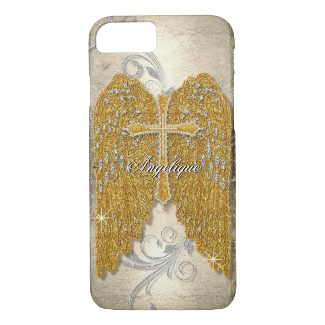 Cross w Glitter Diamond Jewel Look Angel Wings Case-Mate iPhone Case (Back)