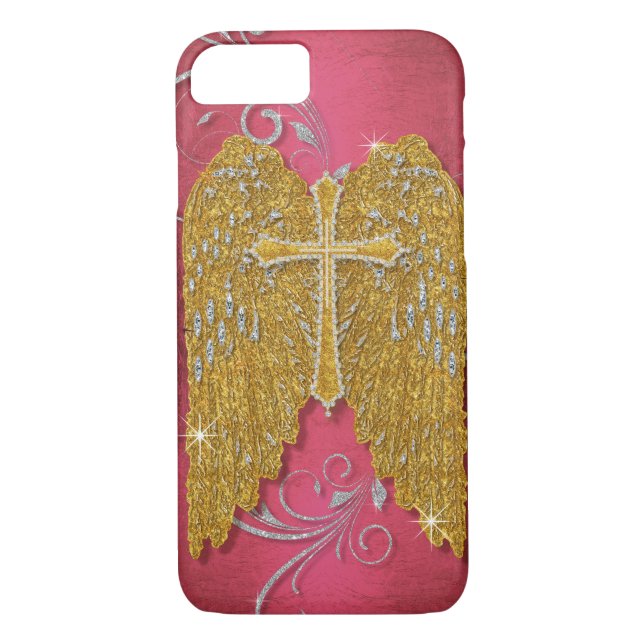 Cross w Glitter Diamond Jewel Look Angel Wings Case-Mate iPhone Case (Back)