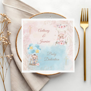 Cross w/ Pink and Blue Twin Teddy Bears on Swing  Napkin