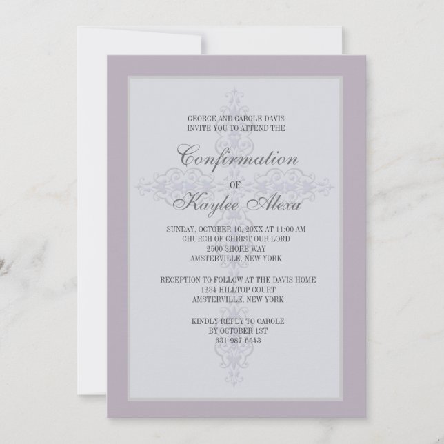 Cross Watermark Lavender Religious Invitation (Front)