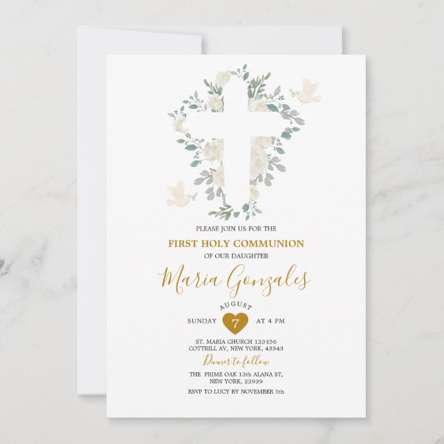 Cross White Flowers Girl First Holy Communion Invitation (Front)