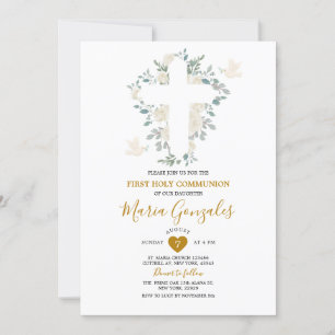 Cross White Flowers Girl First Holy Communion Invitation