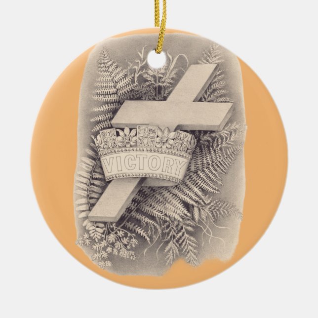 Cross with a crown and victory ceramic tree decoration (Front)