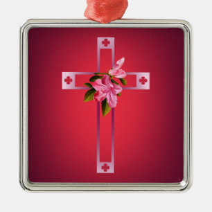 Cross with Azalea Flowers Easter Metal Tree Decoration