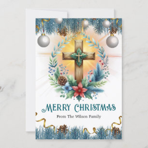 Cross with Blue Accents and Pinecones, Christmas Holiday Card