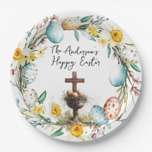 Cross with decorative eggs I floral Easter Paper Plate