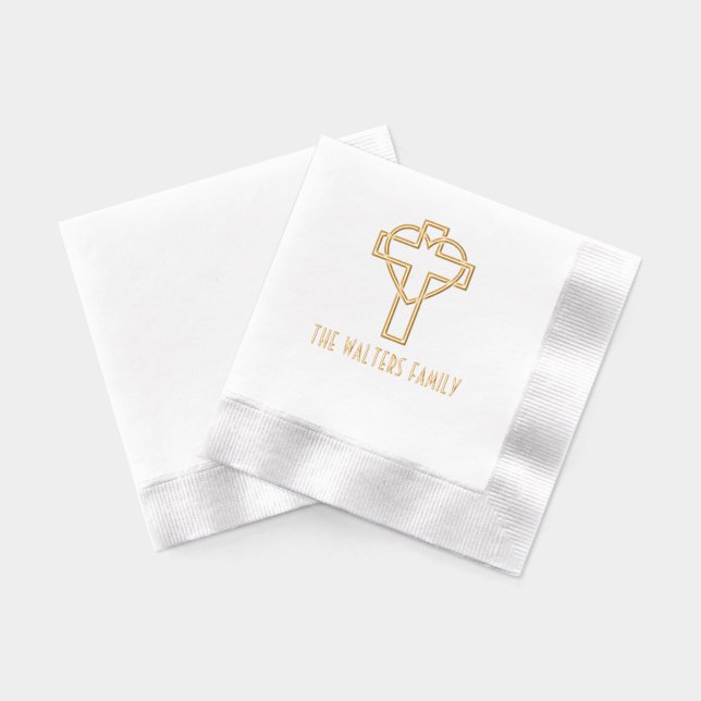 Cross with Entwined Heart Family Name Foil Napkins (Back)
