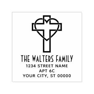 Cross with Entwined Heart Name Return Address Self-inking Stamp