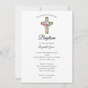 Cross with Flowers Christening Baptism Invitation