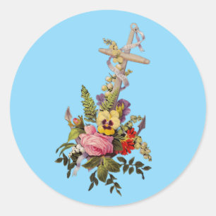 Cross with flowers in the form of an anchor classic round sticker