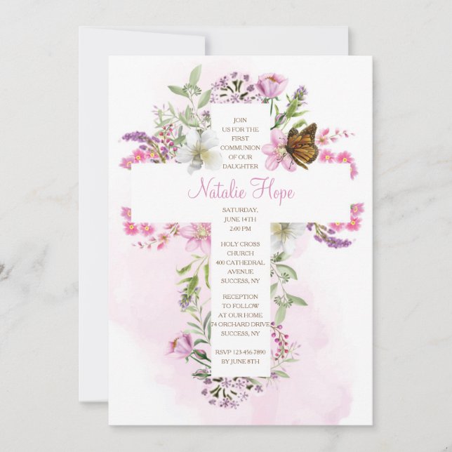 Cross With Flowers Religious Invitation (Front)
