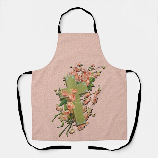 Cross with Pink Flowers on Gold Damask Pink Apron (Front)