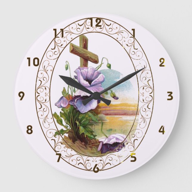 Cross With Purple Flowers Large Clock (Front)