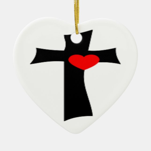 CROSS WITH RED HEART CERAMIC TREE DECORATION (Front)