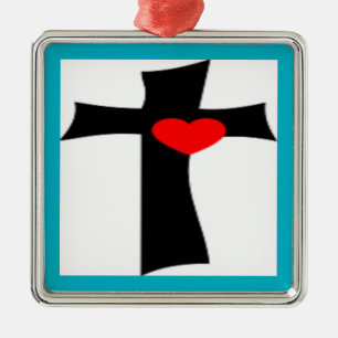 CROSS WITH RED HEART METAL TREE DECORATION
