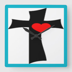 CROSS WITH RED HEART SQUARE WALL CLOCK