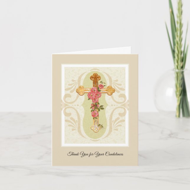 Cross with Roses Christian Condolence Thank You Card (Front)