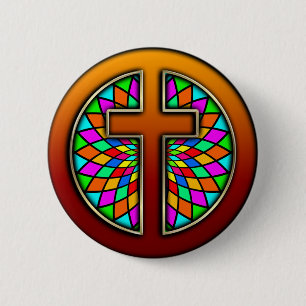 CROSS WITH STAINED GLASS 6 CM ROUND BADGE