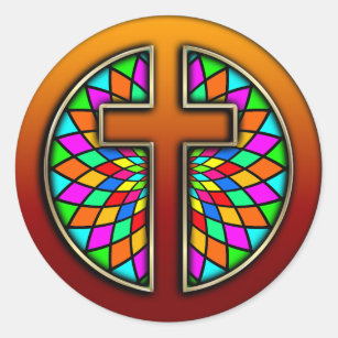 CROSS WITH STAINED GLASS CLASSIC ROUND STICKER