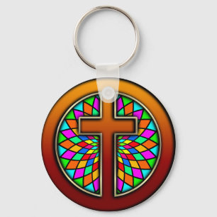 CROSS WITH STAINED GLASS KEY RING