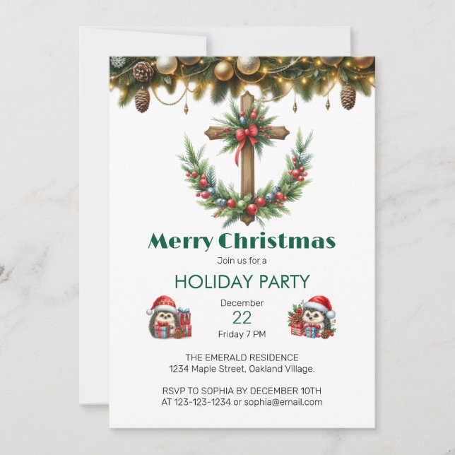 Cross with Wreath and Red Berries Christmas Invitation (Front)