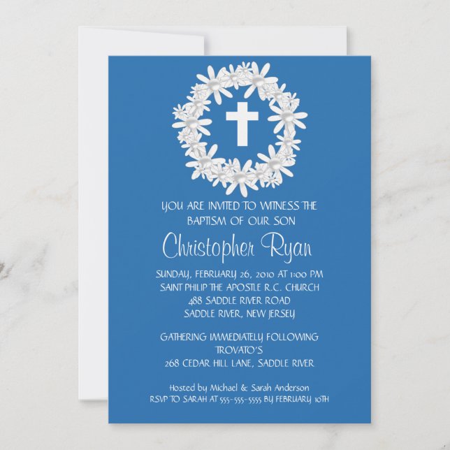 Cross Wreath Baby Boy Baptism Inviation Invitation (Front)